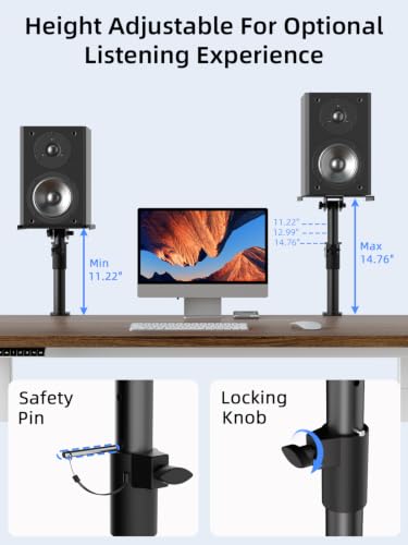 suptek Clamp-on Speaker Stand Desk Mount, Height Adjustment, Swivel, Tilt, 9.6 x 8.8 in Trays, Universal Audio Holders for Bookshelf Speakers, Elevated Sound, Against the Wall, 2 Pack, Black, SDM001KT - size: Tilt Speaker Stands Against the Wall