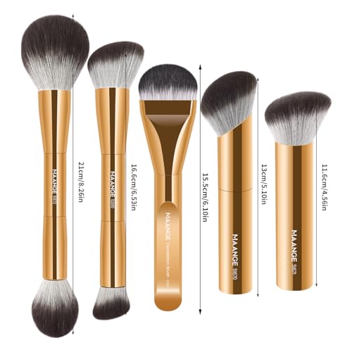 MAANGE 5 PCS Foundation Makeup Brush Set Double-ended Kabuki Mask Contour Brush for Liquid Powder Concealer Cream Cosmetics Blending Makeup Brushes (Gold) - color: Gold - 5Pcs