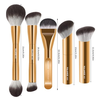 MAANGE 5 PCS Foundation Makeup Brush Set Double-ended Kabuki Mask Contour Brush for Liquid Powder Concealer Cream Cosmetics Blending Makeup Brushes (Gold) - color: Gold - 5Pcs