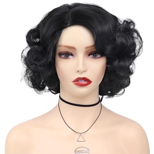 1930s Short Black Curly Flapper Wigs for Women Costume (with Red Bowknot) | Anime Cosplay Natural Hair Synthetic Hair Halloween Betty Costume Dress Up Drag Queen Flapper Wig (with Red Bowknot) - color: Black