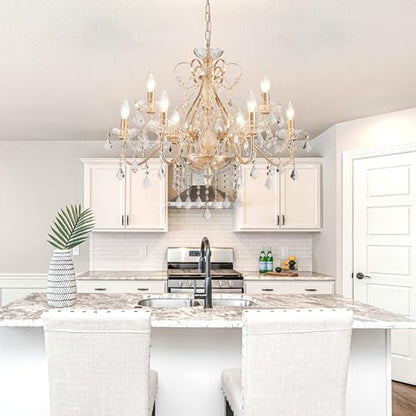 Saint Mossi Gold Crystal Chandelier for Dining Room, 9-Light Modern Chandelier Pendant Light, French Gold Crystal Raindrop Chandelier for Bedroom, Living Room, Foyer, H19 x D24 - color: French Gold 9-Light