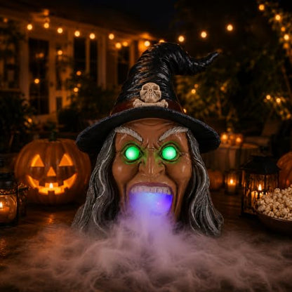 Wicked Witch Head Halloween Statue with Mist Maker, Add Water Smoking Prop with LED Green Eyes, Hand-Painted Faux Marble Resin Spooky Entryway Centerpiece - color: Witch Fog Light Decor