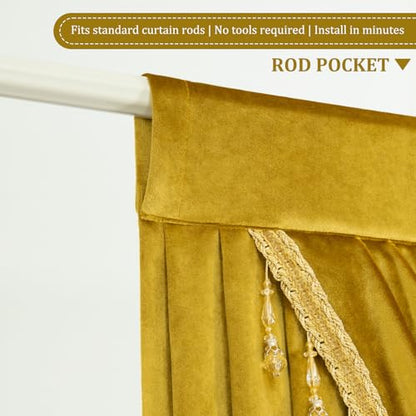 Stately Yellow Velvet Valance 138" Wide, Waterfall Swag with Intricate Beaded Trim, Luxurious Curtains for Wedding Venues, Events & Open Concept Spaces - color: Gold, size: 138"W x 43"L (Pack of 1)