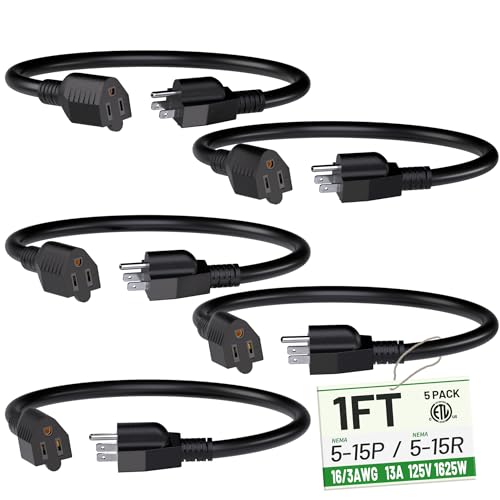 1 FT 5 Pack Indoor Extension Cord 16 Gauge, Short Power Cable | Black 1 FT 5 Pack 3 Prong Flexblie SJTW Cold Weatherproof -50°C Appliance Extension Cord 13 AMP 1625W 16AWG Electric Cable - size: 1FT-5pc