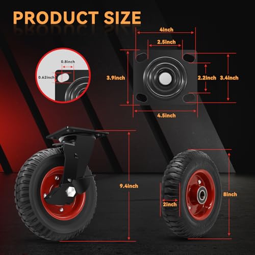 W B D WEIBIDA 8 Inch Heavy Duty Caster Wheels Set of 4, 2200 LBS Outdoor Industrial Wheels Swivel Large Rubber Casters with Brake for Workbench, Dolly, Cart, Trolley, Wagon (2 Brake & 2 Fixed) - size: 8 INCH