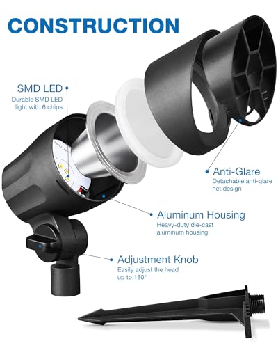 SUNVIE 6W AntiGlare LED Landscape Lighting Low Voltage with Connector 8Pack | Waterproof 600LM Super Bright 3000K Landscape Spot lights Outdoor Yard Garden Lights Wired Tree Wall Landscape Spotlights