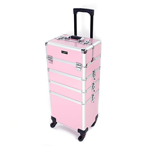 mefeir 4 in 1 Rolling Makeup Train Case, Aluminum Makeup Travel Organizer Cosmetic Case, Cosmetology Display Suitcase on Wheels, Beauty Storage Luggage Lockable w/4 Removable Wheels (Pink) - color: Pink
