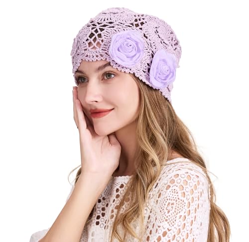 ZLYC Women Cotton Crochet Slouchy Beanie Hat Handmade Knit Summer Skull Cap | Lightweight breathable,boho casual chic look,travel photos festival party,café commute daily wear,beach concert gathering - color: Decorative Flowers Lavender Purple