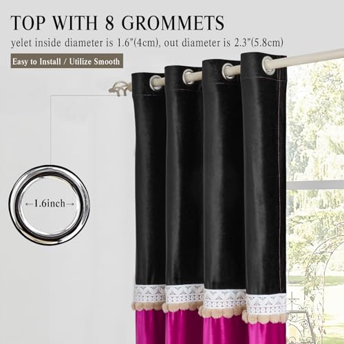GIGIZAZA Boho 84 Inches Long Curtains 2 Panels for Living Room Black HotPink Farmhouse Velvet Elegant Window Blackout Curtain Drapes Lace Pom Pom Embroidered Curtains - color: Pom Pom/Black+hot Pink, size: 52"W x 84"L (Pack of 2)