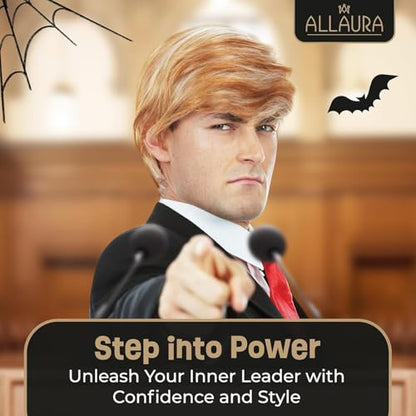 ALLAURA 3pc Donald Costume Kit – Blonde Wig, Red Tie, Flag Pin – Compatible with Pres Donald Wig Halloween Costume for Adults, Couples, Cosplay, Political Events, Parody Outfits, Toupee Wig Look - color: 1-Blonde