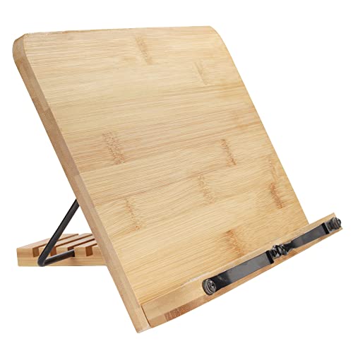 BambooMN Universal Bamboo Book Stand, for Cookbooks, Reading, Cell Phone, Art, Sheet Music, Tablet - Portable and Foldable with 5 Position Adjustable Tilt - 100 Units - color: Bamboo, size: 100 Units