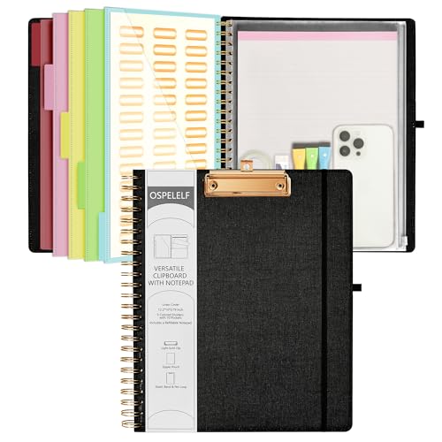 Ospelelf Black Foldable Spiral Clipboard Folio with Storage Zipper Pouch, 5 Plastic Folders with 10 Pockets,Refillable Lined Notepad (11" x 8.5"), Hardcover Project Organizer with 39 Stickers - color: Black
