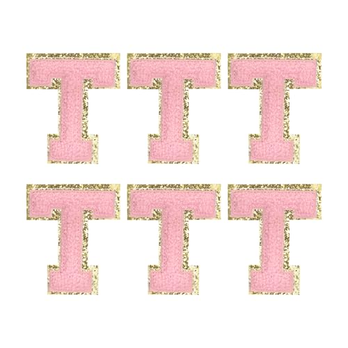 MECCANIXITY Chenille Letter Patches 2.2" Self Adhesive Alphabet T Stick on Embroidered Patch Sew on Letter Stickers Applique for Repairing Clothing Jeans Shoes Hats DIY(Pink, Pack of 6) - style: Letter-T