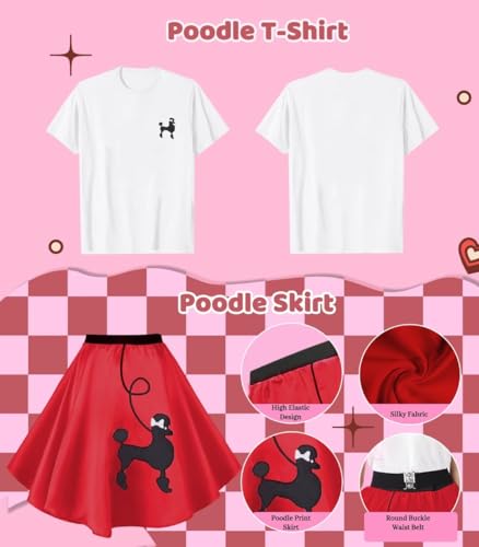 1950s Poodle Skirt Outfit Women 50s Sock Hop Costume T Shirt Accessories - color: Red, size: XX-Large