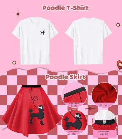 1950s Poodle Skirt Outfit Women 50s Sock Hop Costume T Shirt Accessories - color: Red, size: XX-Large