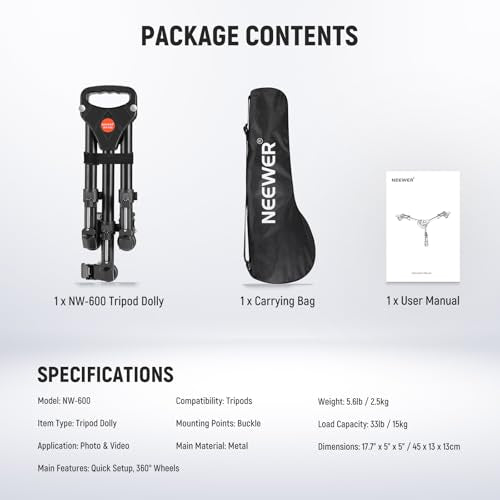 NEEWER Photography Tripod Dolly, Heavy Duty 33 lb Capacity Tripod Wheels | 2 inch Rubber Wheels, Adjustable Leg Mount and Carry Bag for Canon Nikon Sony DSLR Cameras, Camcorder, Photo Video Lighting - style: NW-600 with 2" Wheels