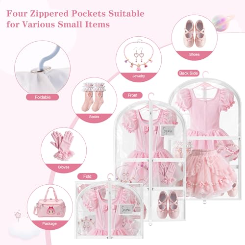 3 Pack Clear Dance Garment Bags for Dancers, 40" Waterproof Dustproof Dance Costume Bags for Hanging Clothes with 5 Large Zipper Pockets for Dance Competition, Suitable for Dress, Uniform