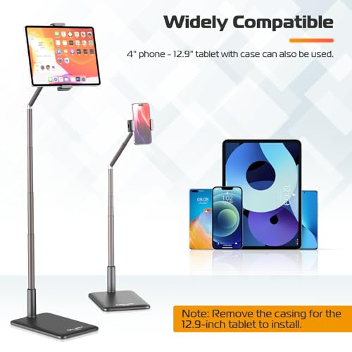 VIJIM Tablet Floor Stand Holder, Phone Stand for Recording, Adjustable Cell Phone & Tablet Holder for Floor, Compatible with iPad Pro Air Mini, Galaxy Tab, iPhone & 4.6-12.9 Inch Devices