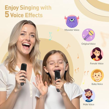 Mini Karaoke Machine for Kids Adults：Portable Bluetooth Karaoke Speaker with 2 Wireless Microphones and Lights for Home Party, Christmas Birthday Gifts for 4-12+ Years Old Girls Boys（Dark） | 360° Surround Sound,5 Voice Effects,Bluetooth 5.0,LED Lights, TF