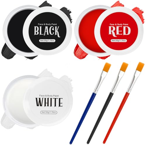 TonJin Black + White + Red Face Body Paint Set 5.28oz,Non-Toxic Professional Paint Palette Kit with 3 Brushes for Art Theater Halloween Party Cosplay Clown Corpse Paint SFX Makeup - color: Black & White & Red