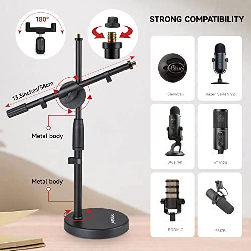 Microphone Stand Desk Adjustable Desktop Microphone Stand with Boom Arm Upgraded 3 in 1 Table Phone/Mic Stand with Microphone Clip,Cell Phone Clip,3/8" to 5/8" Adapter for Universail Mic | Upgraded 3-in-1 table phone/mic stand for calls and streaming. Inc