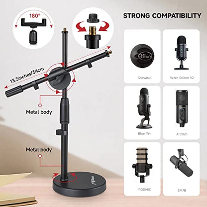 Microphone Stand Desk Adjustable Desktop Microphone Stand with Boom Arm Upgraded 3 in 1 Table Phone/Mic Stand with Microphone Clip,Cell Phone Clip,3/8" to 5/8" Adapter for Universail Mic | Upgraded 3-in-1 table phone/mic stand for calls and streaming. Inc