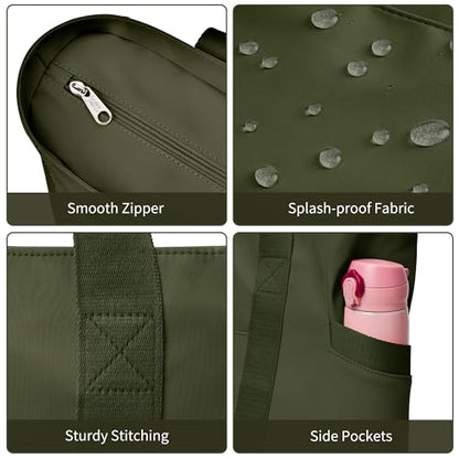 WLLWOO Large Tote Bag, 14” Laptop Work Travel Bag with Trolley Sleeve | Multi Pocket Water Splash Zipper Shoulder Handbag for Women Daily Nurse Gym Commute - color: Army Green