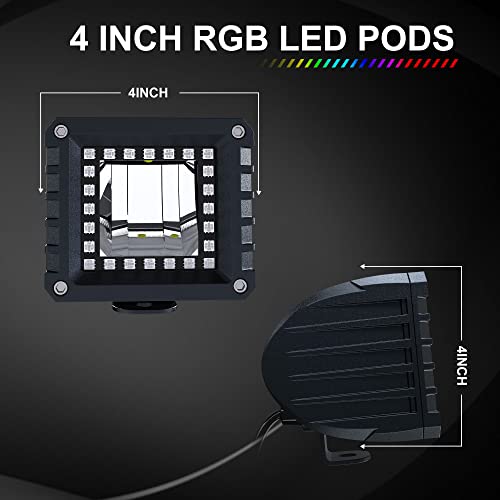 Lpteso RGBW LED Light Bar 52'' inch 300W Flood Spot Combo Beam 2PCS 4 Inch 18W Flood RGB LED Pods with 16 Solid Colors Chasing RGB Halo Ring Changing with Strobe Flashing with Rocker Switch Wiring - size: 52Inch RGB Straight LED Light Bar