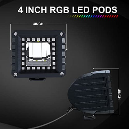 Lpteso RGBW LED Light Bar 52'' inch 300W Flood Spot Combo Beam 2PCS 4 Inch 18W Flood RGB LED Pods with 16 Solid Colors Chasing RGB Halo Ring Changing with Strobe Flashing with Rocker Switch Wiring - size: 52Inch RGB Straight LED Light Bar