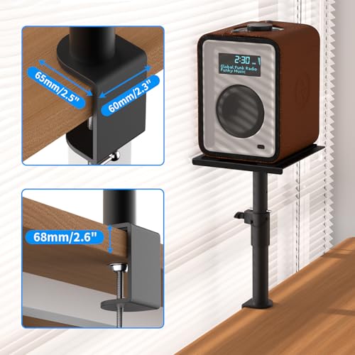 suptek Clamp-on Speaker Stand Desk Mount Set, Height Adjustment, Swivel, 9.6 x 8.8 inch Trays, Universal Audio Holders for Bookshelf Speakers, Elevated Sound, 2 Pack, Black, SDM001G - size: Fixed Speaker Stands