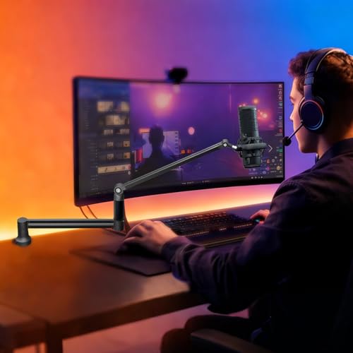 mic Boom Arm Low Profile Adjustable Stick Microphone Arm Stand with Desk Mount Clamp Screw Adapter Cable Management,for Audio-Technica shure sm58 beta58 sm7b blue yeti