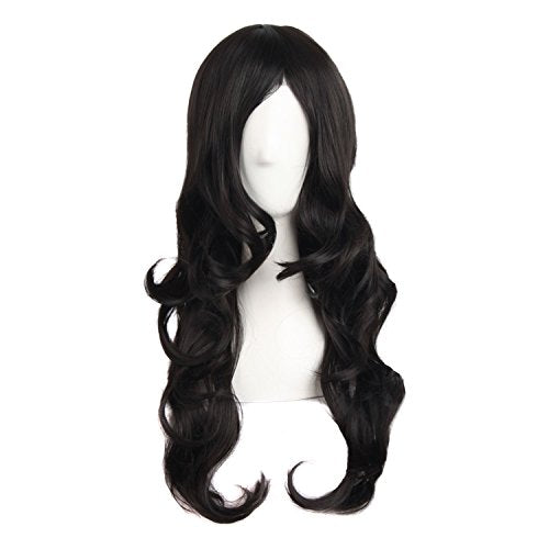 MapofBeauty 24 Inch Long Wavy Side Bangs Party Anime Cosplay Wig, Black | 60 cm Synthetic Fiber Wig, Women, Charming - color: Black
