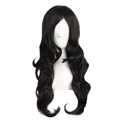 MapofBeauty 24 Inch Long Wavy Side Bangs Party Anime Cosplay Wig, Black | 60 cm Synthetic Fiber Wig, Women, Charming - color: Black