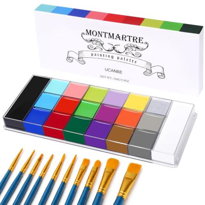 UCANBE MONTMARTRE Body Face Paint Oil Palette + 10PCS Brushes Set,Large Deep Pan Face Painting Kit for Halloween Cosplay Party Artist Costume Festival Sports 168g
