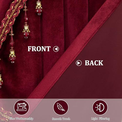 Extra Wide Burgundy Velvet Waterfall Valance, 110 x 43, 1 Panel | Soft Velvet Fabric, Beaded Tassel Trim, Creates Graceful Folds Layered look, Designed For Large Windows, Rod Pocket Top - color: Burgundy, size: 110"W x 43"L (Pack of 1)