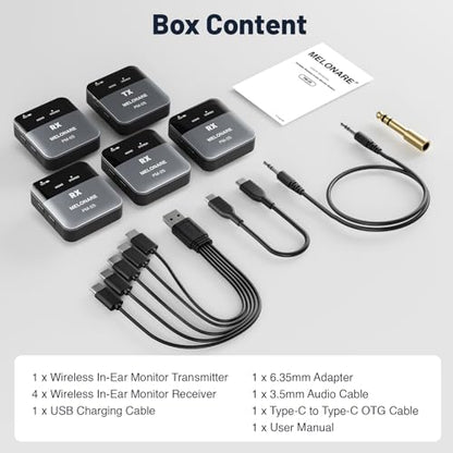 MELONARE Portable Wireless IEM System Mono/Stereo Switch PM-2S-4R | 4 Receivers, 24bit/48kHz Audio, Mono/Stereo Switch, OTG Input, Live Shows, Studios, Bands - size: 4 receiver +1 transmitter