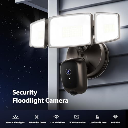 Onforu Hardwired Floodlight Camera Outdoor, 5500LM 2K HD Security Camera with Lights, Color Night Vision, Custom Motion Zones, 2-Way Audio, Built-in Siren, 2.4GHz WiFi, Compatible with Alexa, Brown - color: Brown