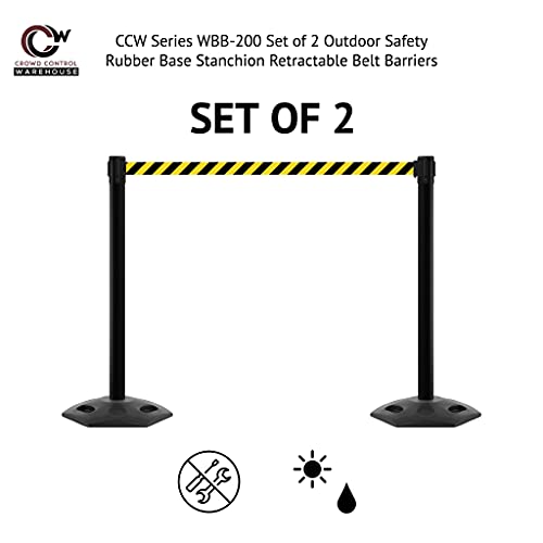 CCW Series WBB-200 Set of 2 Outdoor Safety Rubber Base Stanchion Retractable Belt Barriers - Easy to Assemble, No Tools Required (11 Foot Belt, Blue Belt with Black Post) - color: Blue, size: Black Post