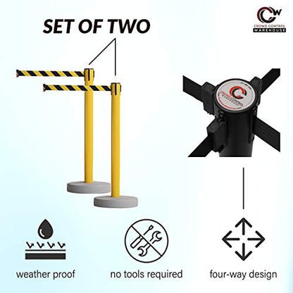 Crowd Control Warehouse - CCW Set of 2 Retractable Belt Barrier Stanchion, Water Fillable Base MSH630-11 Foot Belt, Black and Red Diagonal with Black PVC Plastic Post - color: Black and Red Diagonal, size: Black Post