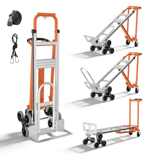 Aluminum 4 in 1 Convertible Hand Truck Dolly Cart with Wheels, 1000Lbs Capacity, Heavy Duty Stair Climbing Hand Trucks with Bungee Cord&Strap for Flat Ground & Stairs, Logistics, Home, Office, Orange - color: Orange-3