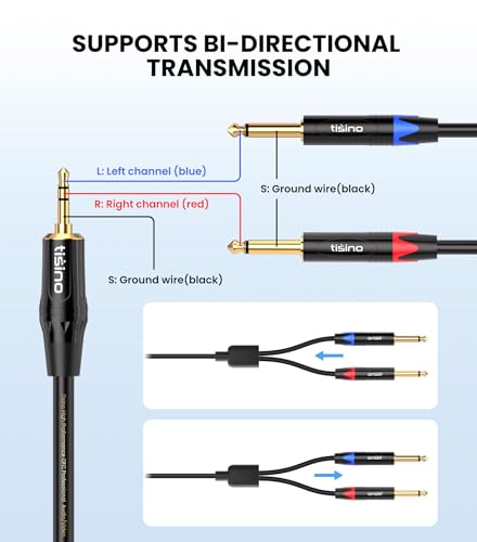 Tisino 1/8" to 1/4" Stereo Cable, Dual 1/4" to 3.5mm Audio Cable, 10FT/3m | Dual 1/4" TS to 3.5mm Audio Adapter Cable for Phone/Laptop to Mixer/Speaker/Amp, 20AWG Gold-Plated OFC - size: 10 feet