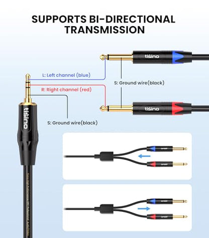 Tisino 1/8" to 1/4" Stereo Cable, Dual 1/4" to 3.5mm Audio Cable, 10FT/3m | Dual 1/4" TS to 3.5mm Audio Adapter Cable for Phone/Laptop to Mixer/Speaker/Amp, 20AWG Gold-Plated OFC - size: 10 feet