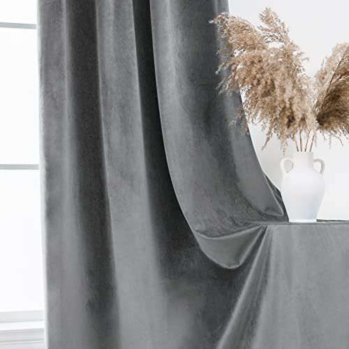 PLEASANT BOULEVARD Grey Velvet Curtains 63 inch Long Heavyweight Blackout Curtains Rod Pocket Thermal Insulated Darkening Window Drapes for Bedroom Living Room, W52 x L63, 2 Panels - color: Grey, size: 52"W x 63"L (Pack of 2)