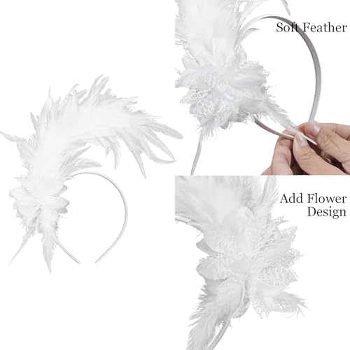 Loieryk Feathers Fascinator Headband 1920s Queen Headpiece Fascinators Hats for Women Tea Party Flower Headpiece - color: White