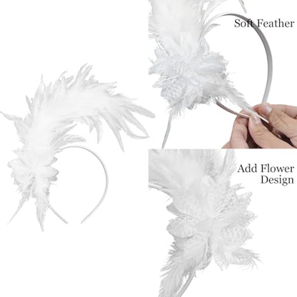 Loieryk Feathers Fascinator Headband 1920s Queen Headpiece Fascinators Hats for Women Tea Party Flower Headpiece - color: White