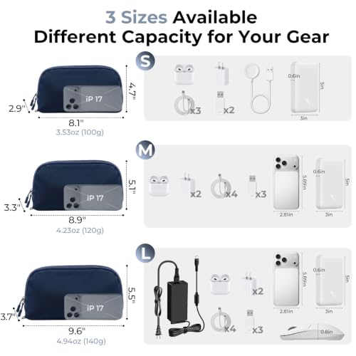 FYY Travel Cable Organizer - 8 Compartments, Lightweight, Water Repellent - color: Navy, size: (M) 8.9"× 5.1"× 3.3"