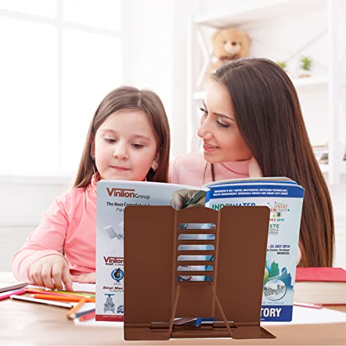 Honagu Book Stand Metal Desk Book Holder, Book Holders for Reading Hands Free, Adjustable Cookbook Documents Holder, Portable Bookstand for Music Books, Textbook, Recipe, Tablet, Ipad (Brown) - color: Brown