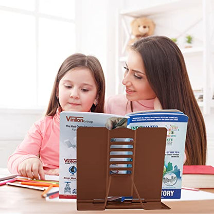 Honagu Book Stand Metal Desk Book Holder, Book Holders for Reading Hands Free, Adjustable Cookbook Documents Holder, Portable Bookstand for Music Books, Textbook, Recipe, Tablet, Ipad (Brown) - color: Brown