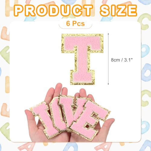 MECCANIXITY Chenille Letter Patches 3.1" Alphabet T Iron on Embroidered Patch Sew on Letter Stickers Applique for Repairing Clothing Jeans Shoes Hats DIY(Pink, Pack of 6) - style: Letter-T
