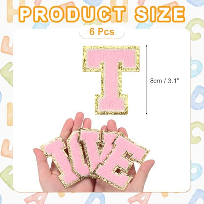 MECCANIXITY Chenille Letter Patches 3.1" Alphabet T Iron on Embroidered Patch Sew on Letter Stickers Applique for Repairing Clothing Jeans Shoes Hats DIY(Pink, Pack of 6) - style: Letter-T